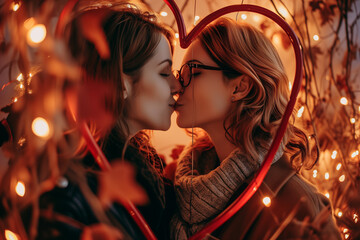 romantic female couple kissing each other behind a heart-shaped frame.