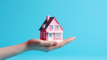 Fototapeta na wymiar Surreal 3D Toy House Floating in Hand on Isolated Blue Background - Innovative Housing Concept and Real Estate Investment Opportunity