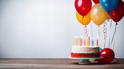 birthday card, Happy Birthday cake with candles and balloons, Colorful balloons on white background, Festive card for birthday party, anniversary, Holiday background, Copy space