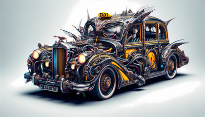 A hyperrealistic image of a taxi, inspired by the art style of H.R. Giger. The taxi design...