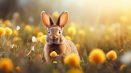 happy easter day poster template with a background of colorful eggs and rabbits in the meadow
