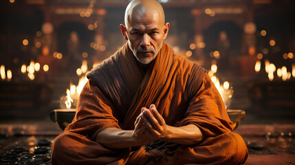 A Shaolin Warrior Monk Sits Cross-Legged, Mastering the Art of Kung Fu Inside the Serene Ambiance of a Temple, Embodying Discipline and Spiritual Strength