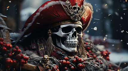 Pirate Skull Sporting a Santa Hat Surrounded by Christmas Presents and Snow, Blending Tropical and...