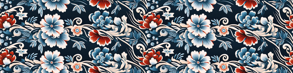 traditional ethnic oriental asian japanese floral seamless pattern with flowers on red blue background - obrazy, fototapety, plakaty
