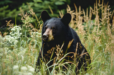 Solitary Black Bear Amidst Forest Undergrowth