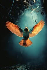 Obraz premium An illustration of a mystical bird trying to fly, despite its clipped wings, showing determination.