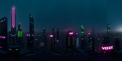 Full 360 degrees seamless spherical panorama HDRI equirectangular projection of Cyberpunk Night City Tron Future. Texture environment map for lighting and reflection source rendering 3d scenes.