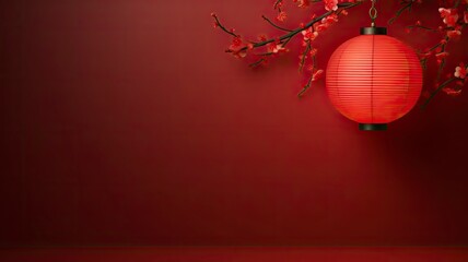 on a red background a paper lantern decoration with a space for text, copy space - generative ai