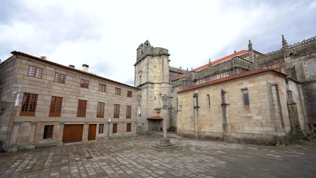 View of Cathedral of Pontevedra - Basilica of Saint Mary Major. Is a catholic church, dating from the 16th century. View of Alonso de Fonseca Square. Stabilized static video