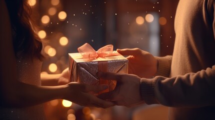 Obraz na płótnie Canvas Festive celebration: Hand Holding Holiday gift box