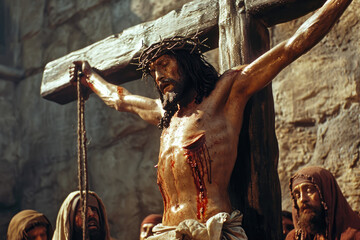 scene of Jesus being crucified on the cross - obrazy, fototapety, plakaty