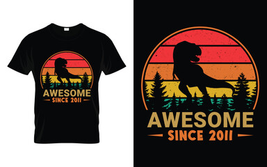 Awesome Since 2011 Birthday Boys Girls Dinosaur T Rex Retro Vintage Happy Birthday T-Shirt
