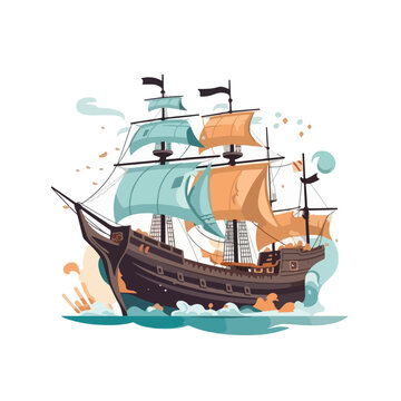 TRADITIONAL WOODEN BOAT WITH WIND POWERED SAIL FLAT ILLUSTRATION