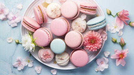 Fototapeta na wymiar a white plate topped with macaroons next to pink flowers and a pink flower on a blue tablecloth.
