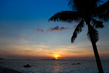 Fototapeta na wymiar Palm trees silhouette at sunset, Thailand