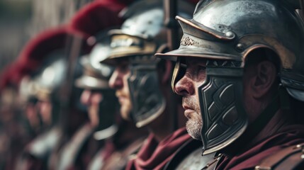 Photorealistic portrait of roman soldiers in armor. Biblical character. Historical character. - obrazy, fototapety, plakaty