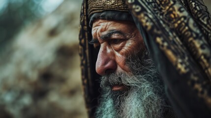 Portrait of an old patriarch with a long beard and mustache on the background of an ancient wall. Biblical character. - Powered by Adobe