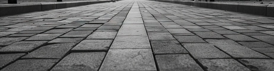 Detailed view of textured square pavement. Cobblestone charm. Vintage patterns on ancient urban path. Concrete symphony. Grey and black pavement in city