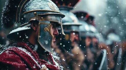 Photorealistic portrait of roman soldiers in armor under the snow. Biblical character. Historical character. - obrazy, fototapety, plakaty