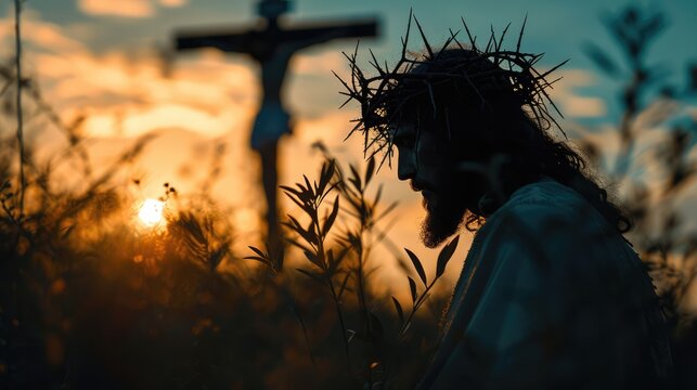 Jesus Christ with crown of thorns with background of the cross at sunset.  Photorealistic portrait. Close-up.