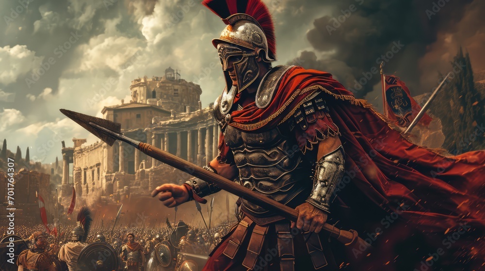 Wall mural roman legionary warrior in the ruins of the ancient roman city. - Wall murals