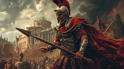 Roman legionary warrior in the ruins of the ancient Roman city. - obrazy, fototapety, plakaty