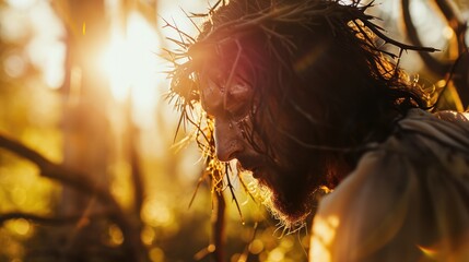 Jesus Christ with crown of thorns in the sunligt. Photorealistic portrait. Close-up.