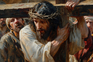 Jesus Christ carries his cross to Golgotha - obrazy, fototapety, plakaty