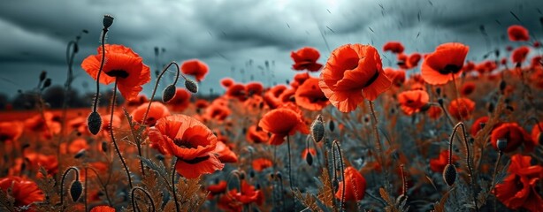 Obraz premium Field of red poppies on a background of stormy sky