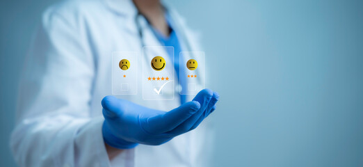 Doctors or scientists survey customer review satisfaction feedback survey concept.Users Rate Service On Online Application.Evaluation product service quality, satisfaction feedback review, good