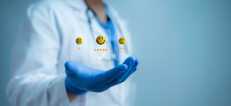 Doctors or scientists survey customer review satisfaction feedback survey concept.Users Rate Service On Online Application.Evaluation product service quality, satisfaction feedback review, good