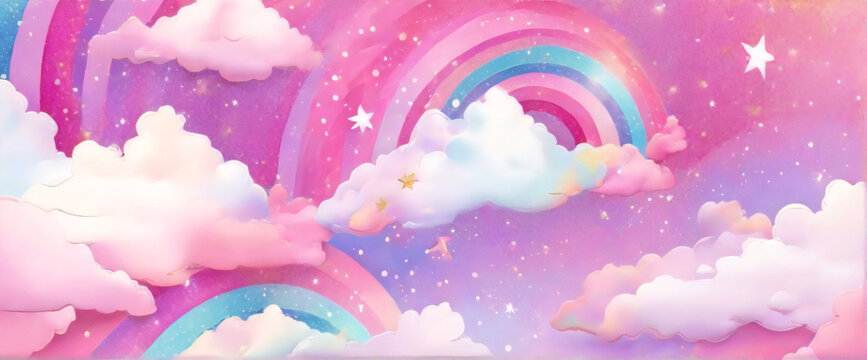 Rainbow unicorn background. Pastel fantasy sky with bokeh and stars. Magic holographic galaxy. Marble kawaii texture. Vector cosmic girlie wallpaper.