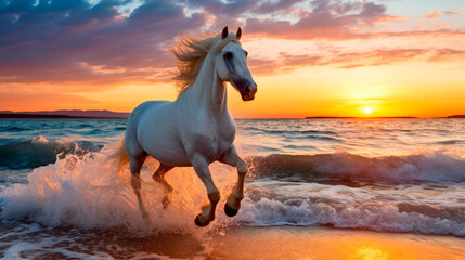 Wild white horse galloping free at the beach against beautiful sunset. - obrazy, fototapety, plakaty
