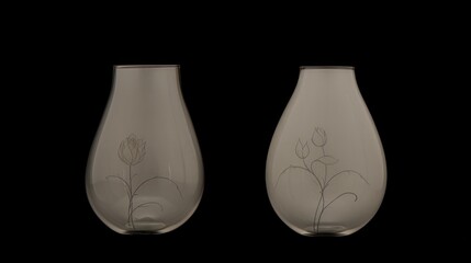  a couple of glass vases sitting next to each other on a black background in front of a black background.