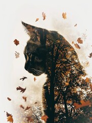 Explore the enchantment of a double exposure where a cat and an autumn forest blend seamlessly, crowned by the silhouette of falling leaves