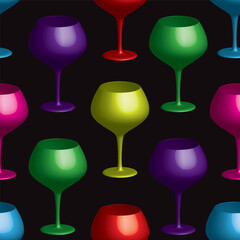 Colorful wine glass set on black background seamless pattern. Vector illustration.