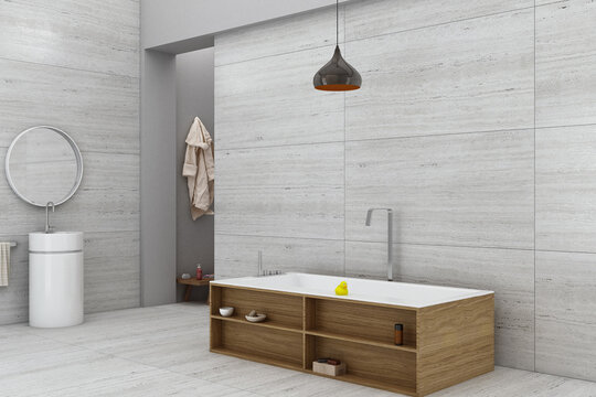 A luxurious bathroom with a white bathtub, shower area covered with glass, marble walls and flooring, pendant and wall lamps, bathroom accessories. 3D Rendering