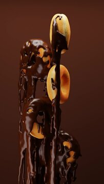 Seamless looping animation of pouring chocolate on doughnuts on brown background. 3d animation

