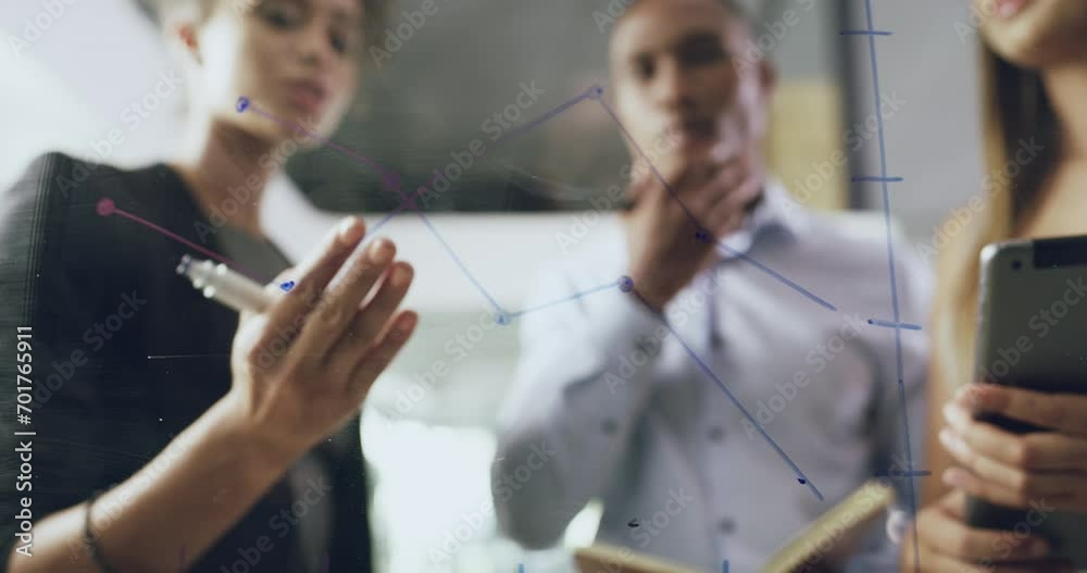 Poster team, business people and graph on board, research and analytics for data analysis and information. 