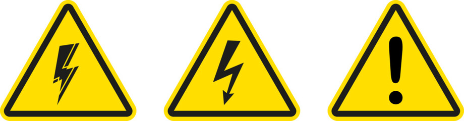 Warning sign. Dangerous electrical voltage icon set. High voltage sign.High voltage sign set, danger of electricity icons. High voltage icon. - obrazy, fototapety, plakaty