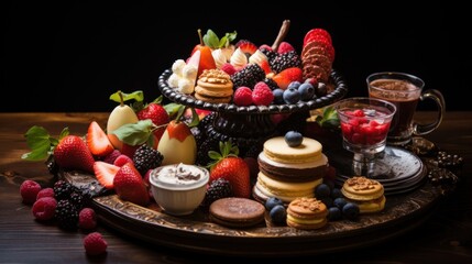  a variety of desserts and pastries on a platter with a glass of wine and a cup of tea.