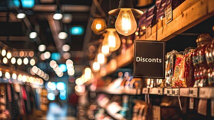 Closeup of a signboard with the word discount in a store - obrazy, fototapety, plakaty