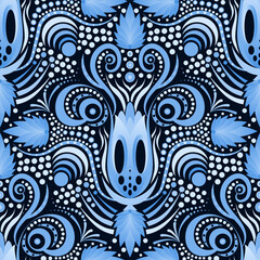 Seamless repeat pattern of swirls, curls and dots in a faux baroque style and half drop pattern in shades of blue.