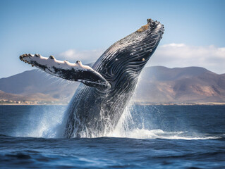 A majestic humpback whale leaps out of the water, displaying its impressive size and beauty.