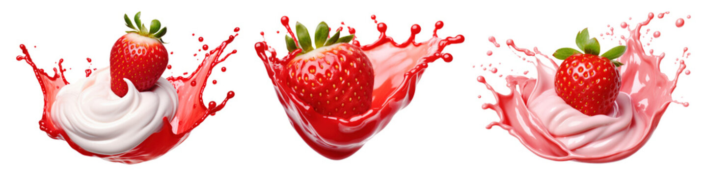 Set of strawberry juice splash isolated on transparent background.