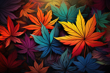 cannabis marijuana leaves on bright rainbow hallucinogenic neon psychedelic background - obrazy, fototapety, plakaty