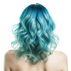 Fototapeta premium Back view of a model with long curly blue hair isolated on a white background