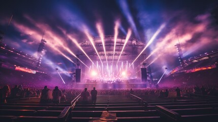 Concert crowd in front of bright stage lights with smoke and rays of light