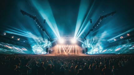 Concert crowd in front of a bright stage with lights and smoke - obrazy, fototapety, plakaty