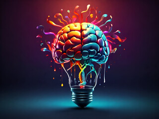 Liquid Color design background fly out of the light bulb with human brain as a growing idea colorful brain and inspire concept